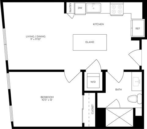 Floor plan for 1 bed, 1 bath, 640 sqft